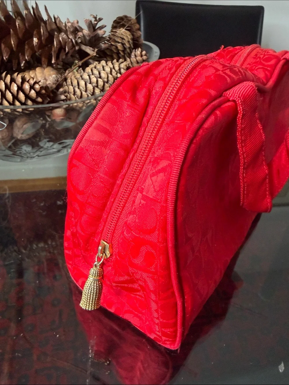 Escada Red Nylon Cosmetic Case Checkmate Logo pattern Dual Handles
